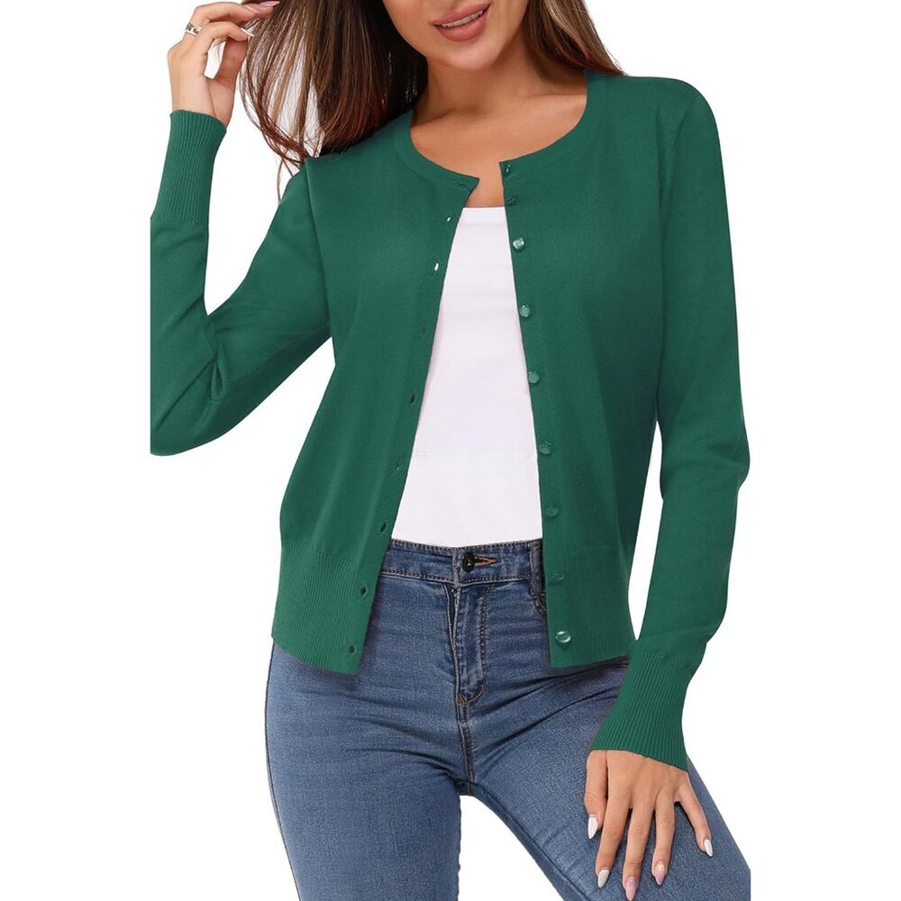 Women's Lightweight Knit Cardigan Long Sleeve Casual Crew Neck Button Front